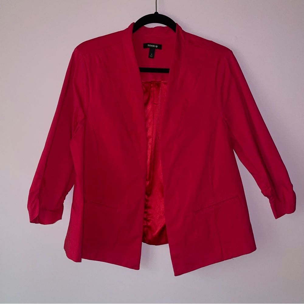 Torrid 1X Pink Blazer Open Front Collarless Jacket 3/4 Sleeve